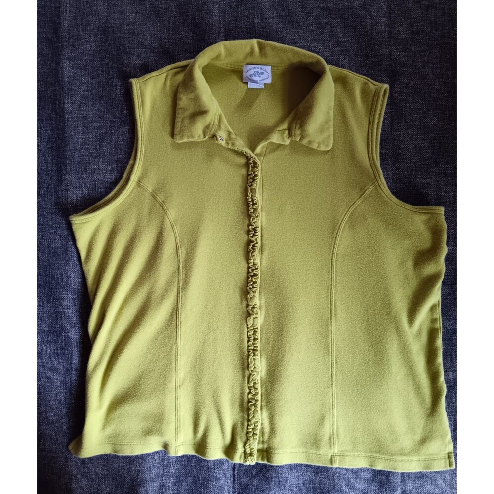 Shirt Size XL Women Moving Bleu Green Button Up Blouse Sleeveless Ruffles